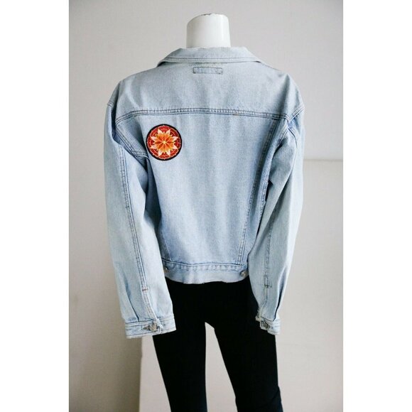 Vintage Oakoa Blue Patchwork Colourful  Light Wash Denim Cropped Jacket - Picture 6 of 8